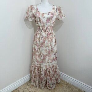 Solitaire Floral Pastel Maxi Dress Embroidered Eyelet Lace Romantic Boho Size M